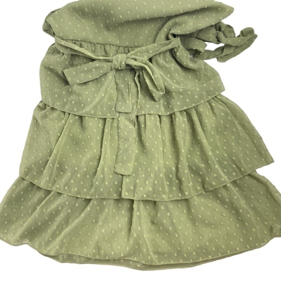 SHEIN - One Shoulder Ruffle Trim Swiss Dot Layered Hem Dress in Matcha Size XS - Picture 6 of 8